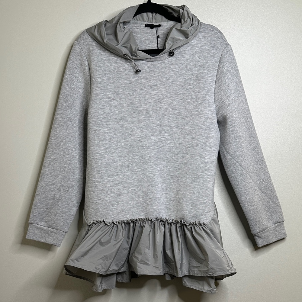 Joh Apparel Fabria French Scuba Gray Ruffle Hem Stretch Hoodie Size XL NWT